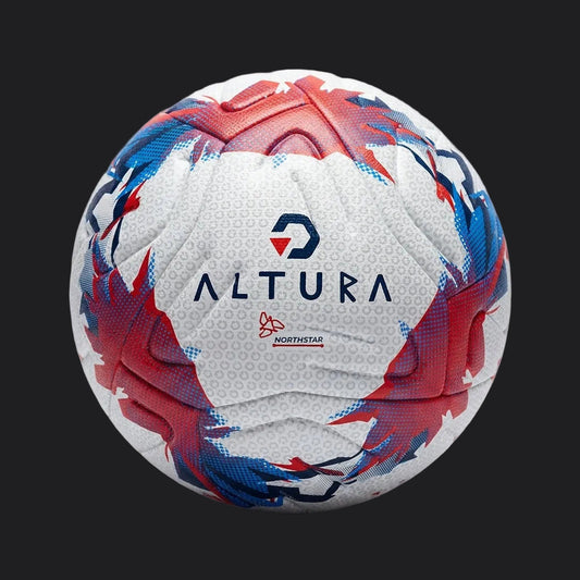 Altura Northstar fotboll i vitt med rött och blått mönster, storlek 5